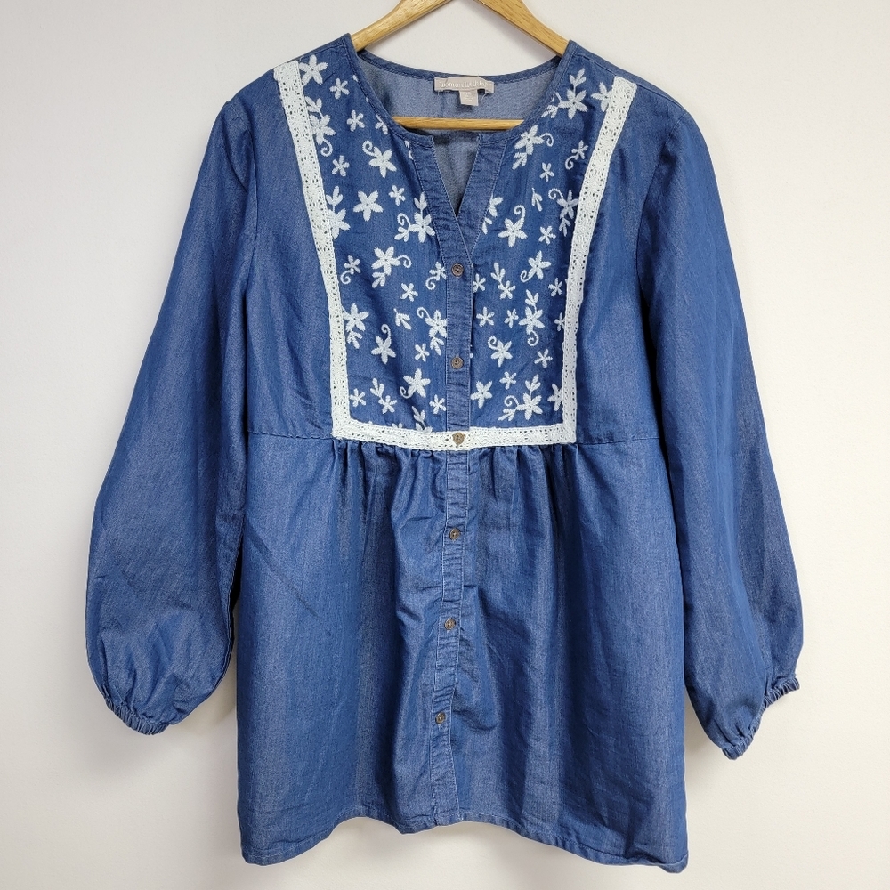 Woman Within Embroidered Western Country Chambray Button Up Top Sz 14 Cottage